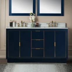WOODBRIDGE Venice 60"x21"x33" Solid Wood Bath Vanities Side Cabinet In Navy Blue With Gold Trim And Engineered Stone Composite Vanity Top In Fish Belly White With 3 Pre-Drilled Holes For 8-inch Widespread Faucet.