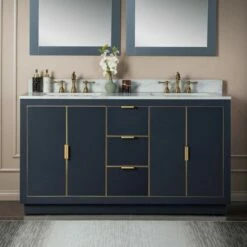 WOODBRIDGE Venice 60"x21"x33" Solid Wood Bath Vanities Side Cabinet In Grey With Gold Trim And Engineered Stone Composite Vanity Top In Fish Belly White With 3 Pre-Drilled Holes For 8-inch Widespread Faucet.