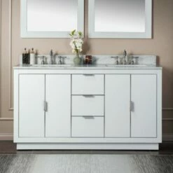 WOODBRIDGE Venice 60"x21"x33" Solid Wood Bath Vanities Side Cabinet In White With Brushed Nickel Trim And Engineered Stone Composite Vanity Top In Fish Belly White With 3 Pre-Drilled Holes For 8-inch Widespread Faucet.