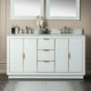 WOODBRIDGE Venice 60"x21"x33" Solid Wood Bath Vanities Side Cabinet In White With Gold Trim And Engineered Stone Composite Vanity Top In Fish Belly White With 3 Pre-Drilled Holes For 8-inch Widespread Faucet. -Woodbridgebath Shop 6163d77283783 thumb 600x600