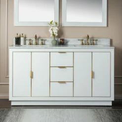 WOODBRIDGE Venice 60"x21"x33" Solid Wood Bath Vanities Side Cabinet In White With Gold Trim And Engineered Stone Composite Vanity Top In Fish Belly White With 3 Pre-Drilled Holes For 8-inch Widespread Faucet.