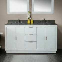 WOODBRIDGE Venice 60"x21"x33" Solid Wood Bath Vanities Side Cabinet In White With Brushed Nickel Trim And Engineered Stone Composite Vanity Top In Dark Gray With 3 Pre-Drilled Holes For 8-inch Widespread Faucet.