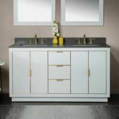 WOODBRIDGE Venice 60"x21"x33" Solid Wood Bath Vanities Side Cabinet In White With Gold Trim And Engineered Stone Composite Vanity Top In Dark Gray With 3 Pre-Drilled Holes For 8-inch Widespread Faucet.