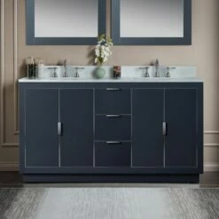 WOODBRIDGE Venice 60"x21"x33" Solid Wood Bath Vanities Side Cabinet In Grey With Brushed Nickel Trim And Engineered Stone Composite Vanity Top In Carrara White 3 Pre-Drilled Holes For 8-inch Widespread Faucet.