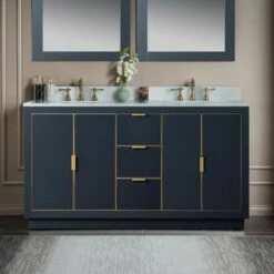 WOODBRIDGE Venice 60"x21"x33" Solid Wood Bath Vanities Side Cabinet In Grey With Gold Trim And Engineered Stone Composite Vanity Top In Carrara White 3 Pre-Drilled Holes For 8-inch Widespread Faucet.