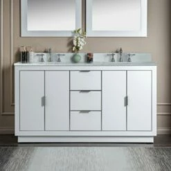 WOODBRIDGE Venice 60"x21"x33" Solid Wood Bath Vanities Side Cabinet In White With Brushed Nickel Trim And Engineered Stone Composite Vanity Top In Carrara White 3 Pre-Drilled Holes For 8-inch Widespread Faucet.