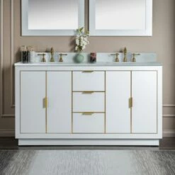 WOODBRIDGE Venice 60"x21"x33" Solid Wood Bath Vanities Side Cabinet In White With Gold Trim And Engineered Stone Composite Vanity Top In Carrara White 3 Pre-Drilled Holes For 8-inch Widespread Faucet.