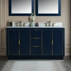 WOODBRIDGE Venice 60"x21"x33" Solid Wood Bath Vanities Side Cabinet In Navy Blue With Gold Trim And Carrara Marble Vanity Top Cabinet With 3 Pre-Drilled Holes For 8-inch Widespread Faucet.