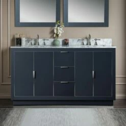 WOODBRIDGE Venice 60"x21"x33" Solid Wood Bath Vanities Side Cabinet In Grey With Brushed Nickel Trim And Carrara Marble Vanity Top Cabinet With 3 Pre-Drilled Holes For 8-inch Widespread Faucet.