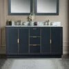 WOODBRIDGE Venice 60"x21"x33" Solid Wood Bath Vanities Side Cabinet In Grey With Gold Trim And Carrara Marble Vanity Top Cabinet With 3 Pre-Drilled Holes For 8-inch Widespread Faucet.