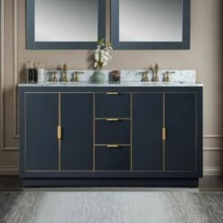 WOODBRIDGE Venice 60"x21"x33" Solid Wood Bath Vanities Side Cabinet In Grey With Gold Trim And Carrara Marble Vanity Top Cabinet With 3 Pre-Drilled Holes For 8-inch Widespread Faucet.