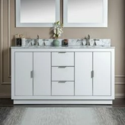 WOODBRIDGE Venice 60"x21"x33" Solid Wood Bath Vanities Side Cabinet In White With Brushed Nickel Trim And Carrara Marble Vanity Top Cabinet With 3 Pre-Drilled Holes For 8-inch Widespread Faucet.