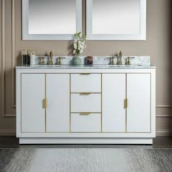 WOODBRIDGE Venice 60"x21"x33" Solid Wood Bath Vanities Side Cabinet In White With Gold Trim And Carrara Marble Vanity Top Cabinet With 3 Pre-Drilled Holes For 8-inch Widespread Faucet.