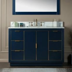 WOODBRIDGE Venice 48"x21"x33" Solid Wood Bath Vanities Side Cabinet In Navy Blue With Gold Trim And Engineered Stone Composite Vanity Top In Fish Belly White With 3 Pre-Drilled Holes For 8-inch Widespread Faucet.