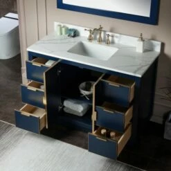 WOODBRIDGE Venice 48"x21"x33" Solid Wood Bath Vanities Side Cabinet In Navy Blue With Gold Trim And Engineered Stone Composite Vanity Top In Fish Belly White With 3 Pre-Drilled Holes For 8-inch Widespread Faucet. -Woodbridgebath Shop 6166986e1a29b thumb 600x600