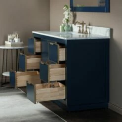 WOODBRIDGE Venice 48"x21"x33" Solid Wood Bath Vanities Side Cabinet In Navy Blue With Gold Trim And Engineered Stone Composite Vanity Top In Fish Belly White With 3 Pre-Drilled Holes For 8-inch Widespread Faucet. -Woodbridgebath Shop 6166987530314 thumb 600x600