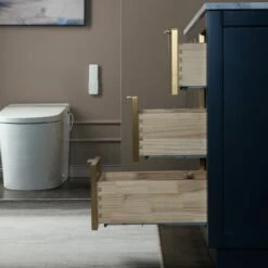 WOODBRIDGE Venice 48"x21"x33" Solid Wood Bath Vanities Side Cabinet In Navy Blue With Gold Trim And Engineered Stone Composite Vanity Top In Fish Belly White With 3 Pre-Drilled Holes For 8-inch Widespread Faucet. -Woodbridgebath Shop 6166987813198 thumb 600x600