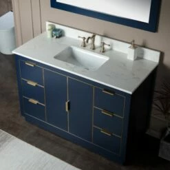 WOODBRIDGE Venice 48"x21"x33" Solid Wood Bath Vanities Side Cabinet In Navy Blue With Gold Trim And Engineered Stone Composite Vanity Top In Carrara White 3 Pre-Drilled Holes For 8-inch Widespread Faucet. -Woodbridgebath Shop 61669bb84217e thumb 600x600