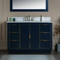 WOODBRIDGE Venice 48"x21"x33" Solid Wood Bath Vanities Side Cabinet In Navy Blue With Gold Trim And Engineered Stone Composite Vanity Top In Carrara White 3 Pre-Drilled Holes For 8-inch Widespread Faucet.
