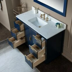 WOODBRIDGE Venice 48"x21"x33" Solid Wood Bath Vanities Side Cabinet In Navy Blue With Gold Trim And Engineered Stone Composite Vanity Top In Carrara White 3 Pre-Drilled Holes For 8-inch Widespread Faucet. -Woodbridgebath Shop 61669bbc6e8b7 thumb 600x600