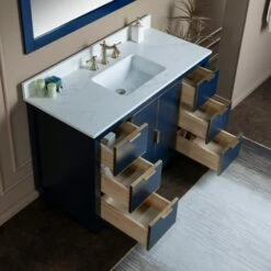 WOODBRIDGE Venice 48"x21"x33" Solid Wood Bath Vanities Side Cabinet In Navy Blue With Gold Trim And Engineered Stone Composite Vanity Top In Carrara White 3 Pre-Drilled Holes For 8-inch Widespread Faucet. -Woodbridgebath Shop 61669bbebcee0 thumb 600x600