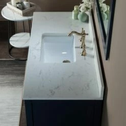 WOODBRIDGE Venice 48"x21"x33" Solid Wood Bath Vanities Side Cabinet In Navy Blue With Gold Trim And Engineered Stone Composite Vanity Top In Carrara White 3 Pre-Drilled Holes For 8-inch Widespread Faucet. -Woodbridgebath Shop 61669bbf52ea1 thumb 600x600