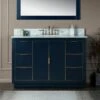 WOODBRIDGE Venice 48"x21"x33" Solid Wood Bath Vanities Side Cabinet In Navy Blue And Gold Trim And Carrara Marble Vanity Top Cabinet With 3 Pre-Drilled Holes For 8-inch Widespread Faucet.