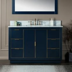 WOODBRIDGE Venice 48"x21"x33" Solid Wood Bath Vanities Side Cabinet In Navy Blue And Gold Trim And Carrara Marble Vanity Top Cabinet With 3 Pre-Drilled Holes For 8-inch Widespread Faucet.