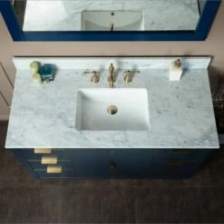 WOODBRIDGE Venice 48"x21"x33" Solid Wood Bath Vanities Side Cabinet In Navy Blue And Gold Trim And Carrara Marble Vanity Top Cabinet With 3 Pre-Drilled Holes For 8-inch Widespread Faucet. -Woodbridgebath Shop 61669eb90cf19 thumb 600x600