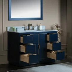WOODBRIDGE Venice 48"x21"x33" Solid Wood Bath Vanities Side Cabinet In Navy Blue And Gold Trim And Carrara Marble Vanity Top Cabinet With 3 Pre-Drilled Holes For 8-inch Widespread Faucet. -Woodbridgebath Shop 61669eba3d8a8 thumb 600x600