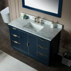 WOODBRIDGE Venice 48"x21"x33" Solid Wood Bath Vanities Side Cabinet In Navy Blue And Gold Trim And Carrara Marble Vanity Top Cabinet With 3 Pre-Drilled Holes For 8-inch Widespread Faucet. -Woodbridgebath Shop 61669ebab8775 thumb 600x600