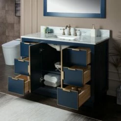 WOODBRIDGE Venice 48"x21"x33" Solid Wood Bath Vanities Side Cabinet In Navy Blue And Gold Trim And Carrara Marble Vanity Top Cabinet With 3 Pre-Drilled Holes For 8-inch Widespread Faucet. -Woodbridgebath Shop 61669ebc9a00c thumb 600x600