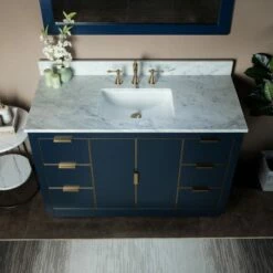 WOODBRIDGE Venice 48"x21"x33" Solid Wood Bath Vanities Side Cabinet In Navy Blue And Gold Trim And Carrara Marble Vanity Top Cabinet With 3 Pre-Drilled Holes For 8-inch Widespread Faucet. -Woodbridgebath Shop 61669ec6cf1d1 thumb 600x600