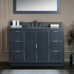 WOODBRIDGE Venice 48"x21"x33" Solid Wood Bath Vanities Side Cabinet In Grey With Brushed Nickel Trim And Engineered Stone Composite Vanity Top In Dark Gray With 3 Pre-Drilled Holes For 8-inch Widespread Faucet.