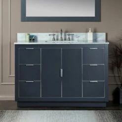 WOODBRIDGE Venice 48"x21"x33" Solid Wood Bath Vanities Side Cabinet In Grey And Brushed Nickel Trim And Carrara Marble Vanity Top Cabinet With 3 Pre-Drilled Holes For 8-inch Widespread Faucet.