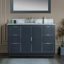 WOODBRIDGE Venice 48"x21"x33" Solid Wood Bath Vanities Side Cabinet In Grey With Brushed Nickel Trim And Engineered Stone Composite Vanity Top In Carrara White 3 Pre-Drilled Holes For 8-inch Widespread Faucet.