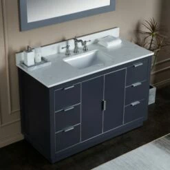 WOODBRIDGE Venice 48"x21"x33" Solid Wood Bath Vanities Side Cabinet In Grey With Brushed Nickel Trim And Engineered Stone Composite Vanity Top In Carrara White 3 Pre-Drilled Holes For 8-inch Widespread Faucet. -Woodbridgebath Shop 6167c20718bfa thumb 600x600
