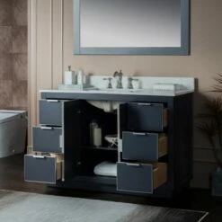 WOODBRIDGE Venice 48"x21"x33" Solid Wood Bath Vanities Side Cabinet In Grey With Brushed Nickel Trim And Engineered Stone Composite Vanity Top In Carrara White 3 Pre-Drilled Holes For 8-inch Widespread Faucet. -Woodbridgebath Shop 6167c209cc998 thumb 600x600