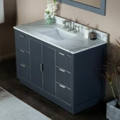 WOODBRIDGE Venice 48"x21"x33" Solid Wood Bath Vanities Side Cabinet In Grey With Brushed Nickel Trim And Engineered Stone Composite Vanity Top In Fish Belly White With 3 Pre-Drilled Holes For 8-inch Widespread Faucet. -Woodbridgebath Shop 6167c3ff38788 thumb 600x600
