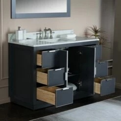 WOODBRIDGE Venice 48"x21"x33" Solid Wood Bath Vanities Side Cabinet In Grey With Brushed Nickel Trim And Engineered Stone Composite Vanity Top In Fish Belly White With 3 Pre-Drilled Holes For 8-inch Widespread Faucet. -Woodbridgebath Shop 6167c400dabf1 thumb 600x600