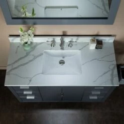 WOODBRIDGE Venice 48"x21"x33" Solid Wood Bath Vanities Side Cabinet In Grey With Brushed Nickel Trim And Engineered Stone Composite Vanity Top In Fish Belly White With 3 Pre-Drilled Holes For 8-inch Widespread Faucet. -Woodbridgebath Shop 6167c40704b50 thumb 600x600