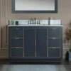 WOODBRIDGE Venice 48"x21"x33" Solid Wood Bath Vanities Side Cabinet In Grey With Gold Trim And Engineered Stone Composite Vanity Top In Carrara White 3 Pre-Drilled Holes For 8-inch Widespread Faucet.