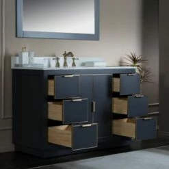 WOODBRIDGE Venice 48"x21"x33" Solid Wood Bath Vanities Side Cabinet In Grey With Gold Trim And Engineered Stone Composite Vanity Top In Carrara White 3 Pre-Drilled Holes For 8-inch Widespread Faucet. -Woodbridgebath Shop 6167c67450188 thumb 600x600