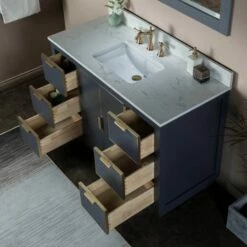 WOODBRIDGE Venice 48"x21"x33" Solid Wood Bath Vanities Side Cabinet In Grey With Gold Trim And Engineered Stone Composite Vanity Top In Carrara White 3 Pre-Drilled Holes For 8-inch Widespread Faucet. -Woodbridgebath Shop 6167c679001c4 thumb 600x600