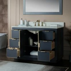 WOODBRIDGE Venice 48"x21"x33" Solid Wood Bath Vanities Side Cabinet In Grey With Gold Trim And Engineered Stone Composite Vanity Top In Carrara White 3 Pre-Drilled Holes For 8-inch Widespread Faucet. -Woodbridgebath Shop 6167c67f256ea thumb 600x600