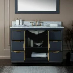 WOODBRIDGE Venice 48"x21"x33" Solid Wood Bath Vanities Side Cabinet In Grey And Gold Trim And Carrara Marble Vanity Top Cabinet With 3 Pre-Drilled Holes For 8-inch Widespread Faucet. -Woodbridgebath Shop 6167c94184089 thumb 600x600