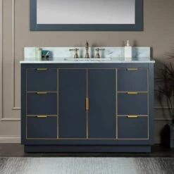 WOODBRIDGE Venice 48"x21"x33" Solid Wood Bath Vanities Side Cabinet In Grey And Gold Trim And Carrara Marble Vanity Top Cabinet With 3 Pre-Drilled Holes For 8-inch Widespread Faucet.