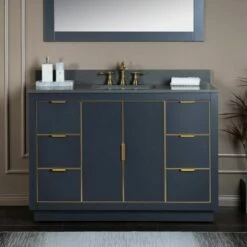 WOODBRIDGE Venice 48"x21"x33" Solid Wood Bath Vanities Side Cabinet In Grey With Gold Trim And Engineered Stone Composite Vanity Top In Dark Gray With 3 Pre-Drilled Holes For 8-inch Widespread Faucet.
