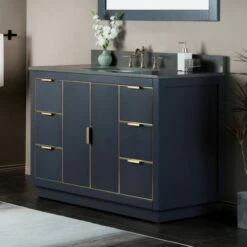 WOODBRIDGE Venice 48"x21"x33" Solid Wood Bath Vanities Side Cabinet In Grey With Gold Trim And Engineered Stone Composite Vanity Top In Dark Gray With 3 Pre-Drilled Holes For 8-inch Widespread Faucet. -Woodbridgebath Shop 6167caed0efb1 thumb 600x600