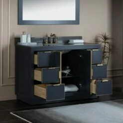 WOODBRIDGE Venice 48"x21"x33" Solid Wood Bath Vanities Side Cabinet In Grey With Gold Trim And Engineered Stone Composite Vanity Top In Dark Gray With 3 Pre-Drilled Holes For 8-inch Widespread Faucet. -Woodbridgebath Shop 6167caf1dced6 thumb 600x600